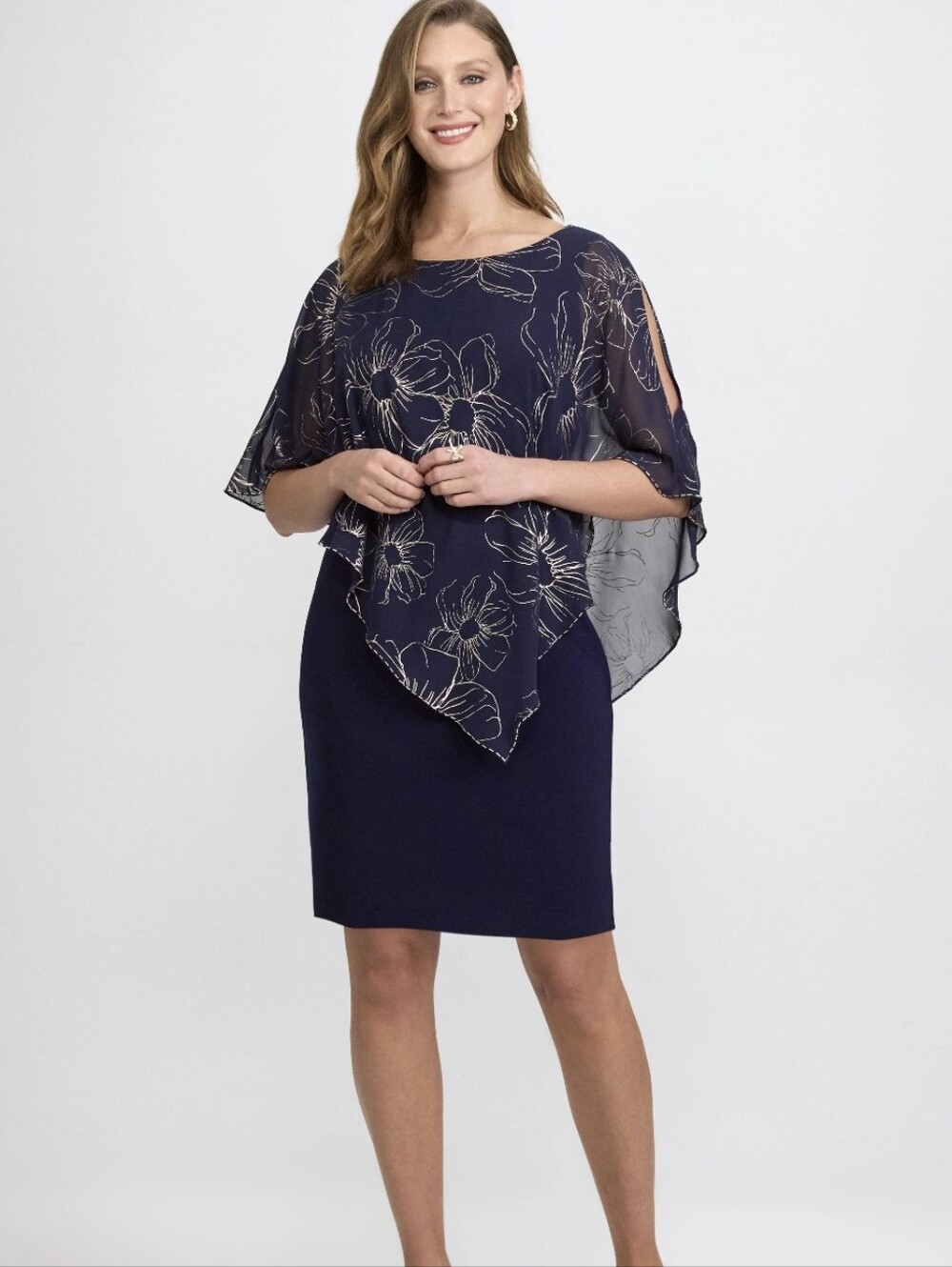 SL Fashions Foil Floral Print Overlay Cocktail Dress Gold/Navy Size 10
